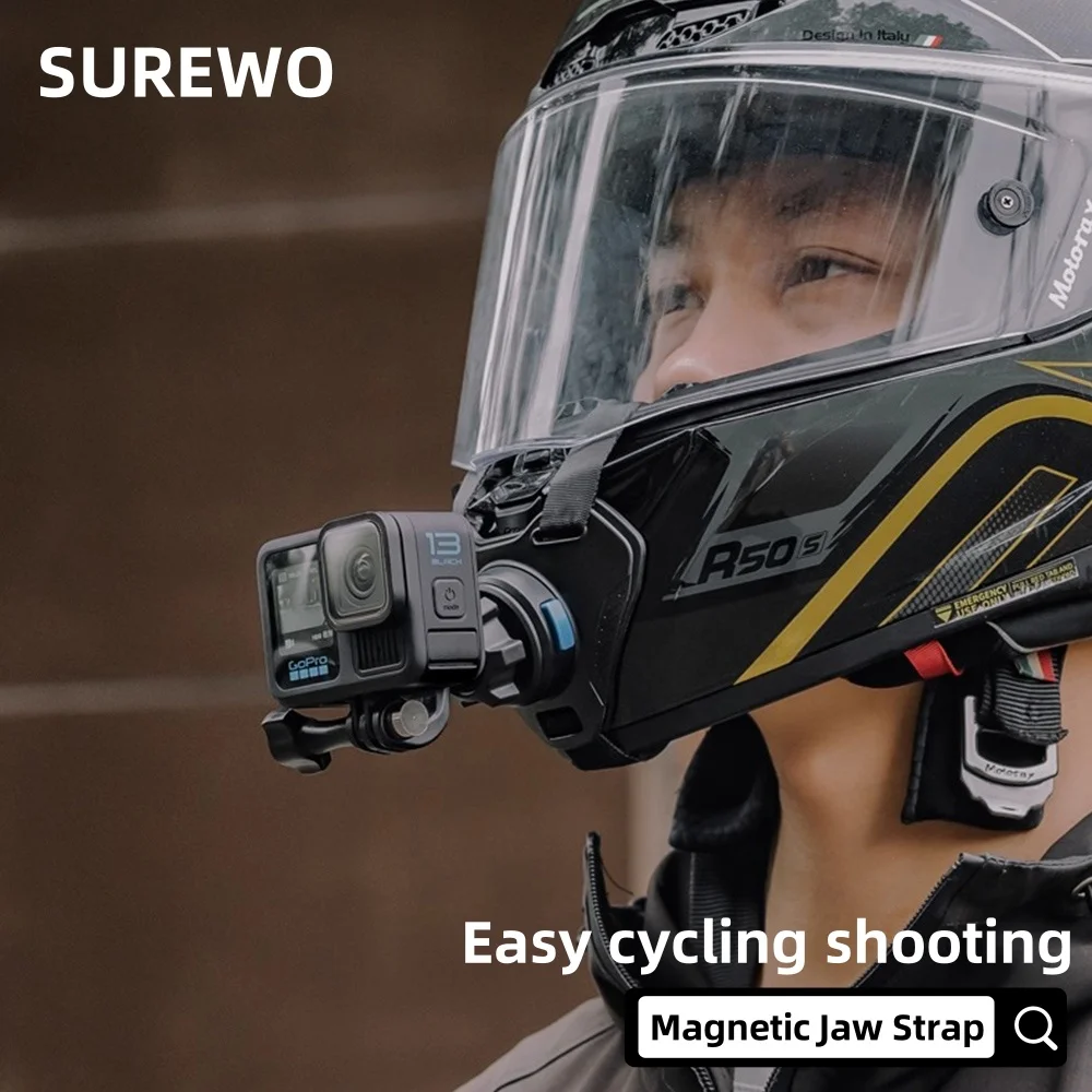 SUREWO Magnetischer Backenriemen Schnellverschluss-Helmhalterung für DJI Action5 Pro 4/3 GoPro 13/12/11 Motorrad-Fahrzubehör