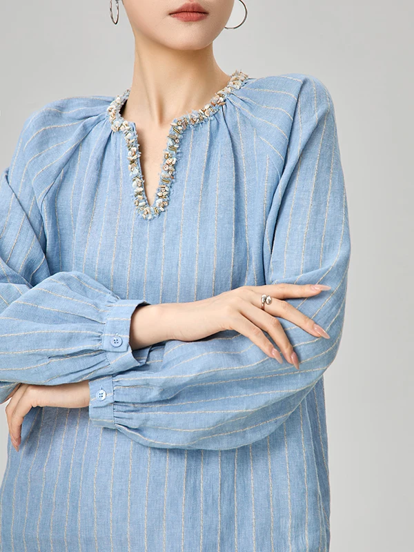 

Женская льняная рубашка Ele с синими полосками и длинным рукавом, модная коллекция Весна 2026, ранний сезон, легкий повседневный стиль Maturi