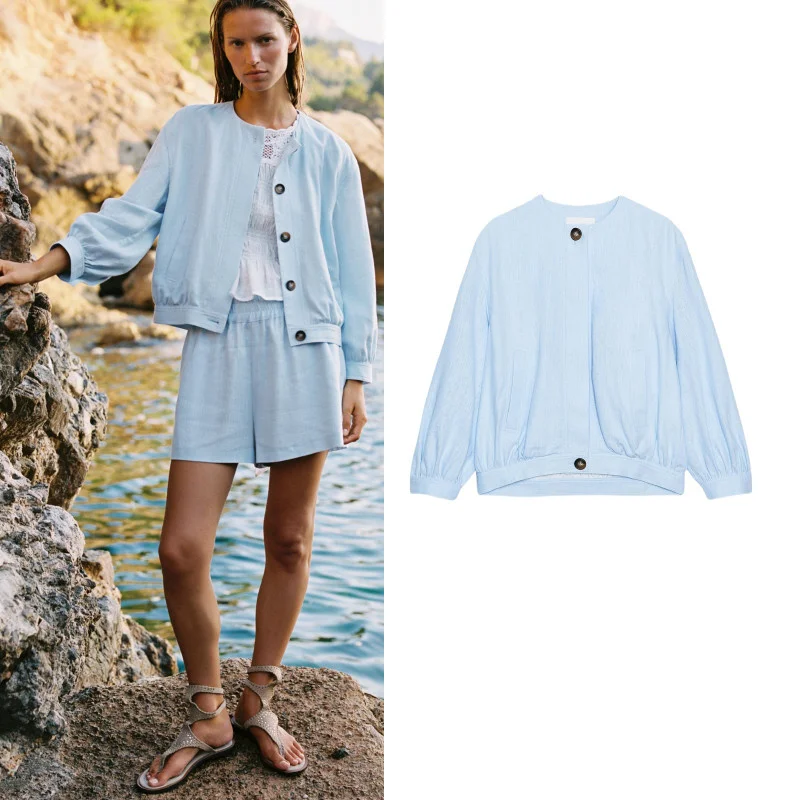 Chaqueta de Piloto de Manga Larga de Lino Mezclado a la Moda para Mujer, Nueva Prenda Exterior de Verano, Sencilla, Elegante,...