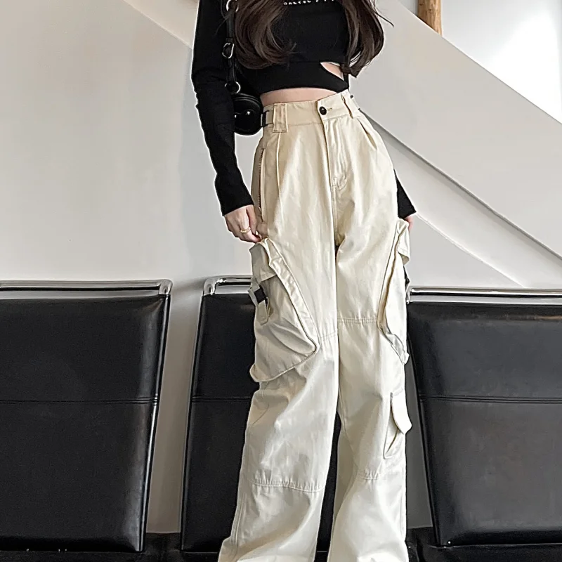 

Women Bottoms Apricot Vintage Cargo Pants Thin High Waist Wide Leg Straight Pocket Pants Casual Baggy Mopping Trouser Ladies