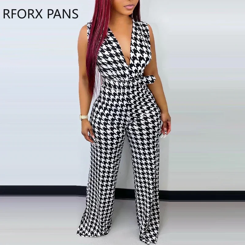 

Women Elegant Deep V Neck Sleeveless Houndstooth Pattern Sashes Straight Working Jumpsuits