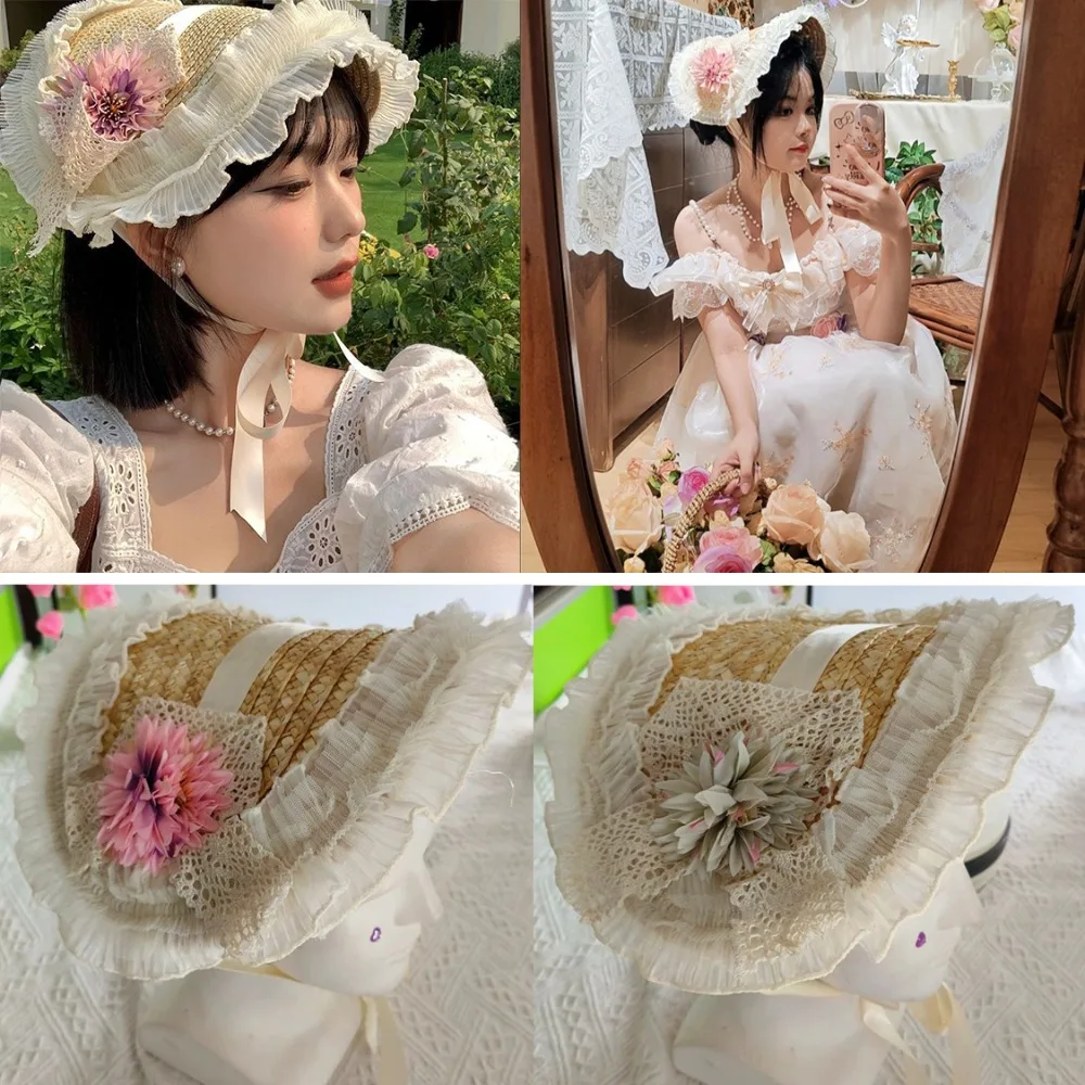 French Rural style Lolita Straw Hat Ruffle Lace Ribbon Bow Girl Sun Hat Handmade With Strap Ribbon Flower Flat Top Hat