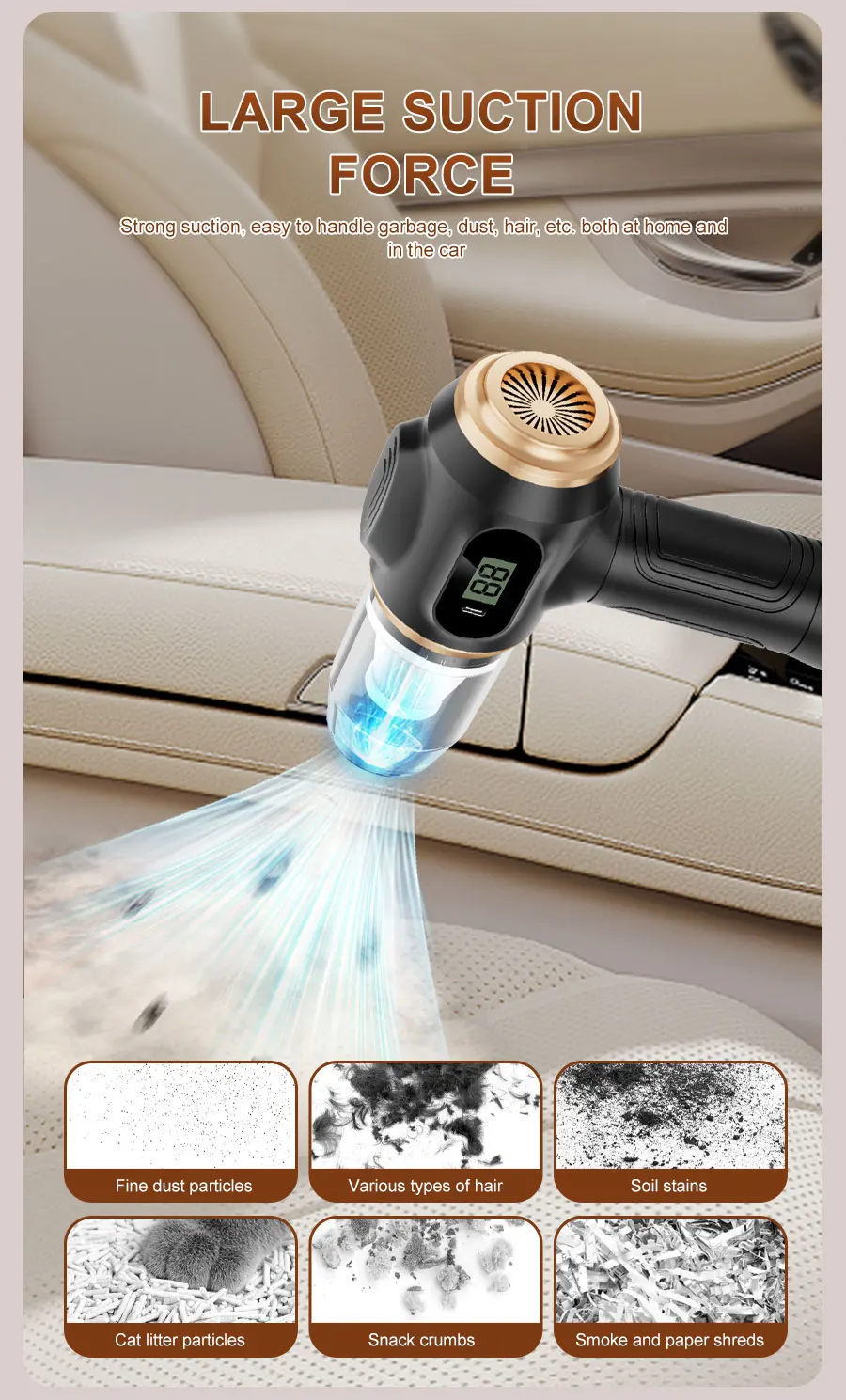 BELIBUY 2-in-1 Auto-Staubsauger und Gebläse, Hochleistungs-Saugfunktion zur Reinigung von Autositzen/Matten/Kofferraumstaub, Tragbar – Detail 4