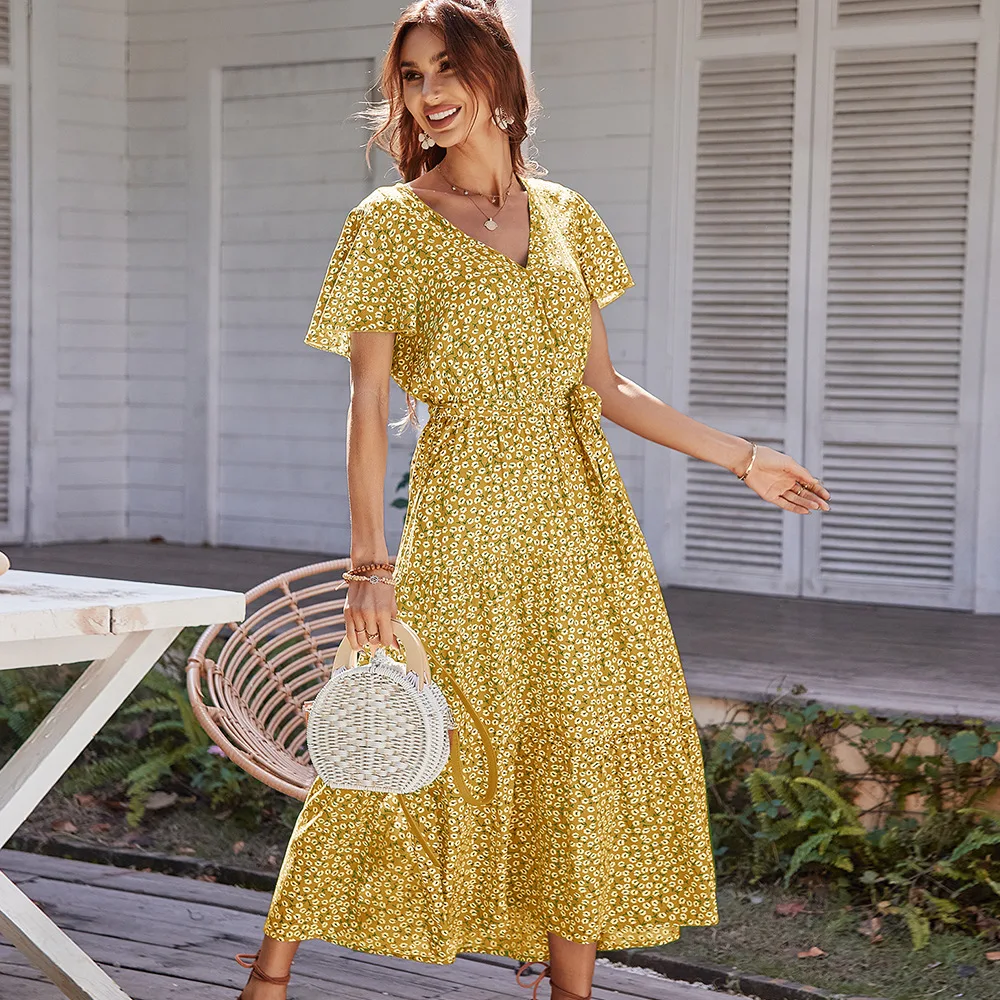 Abiti lunghi con stampa Vintage da donna per le donne 2023 estate Casual bohémien con scollo a v in vita abito femminile gonna da spiaggia da donna eachesyles