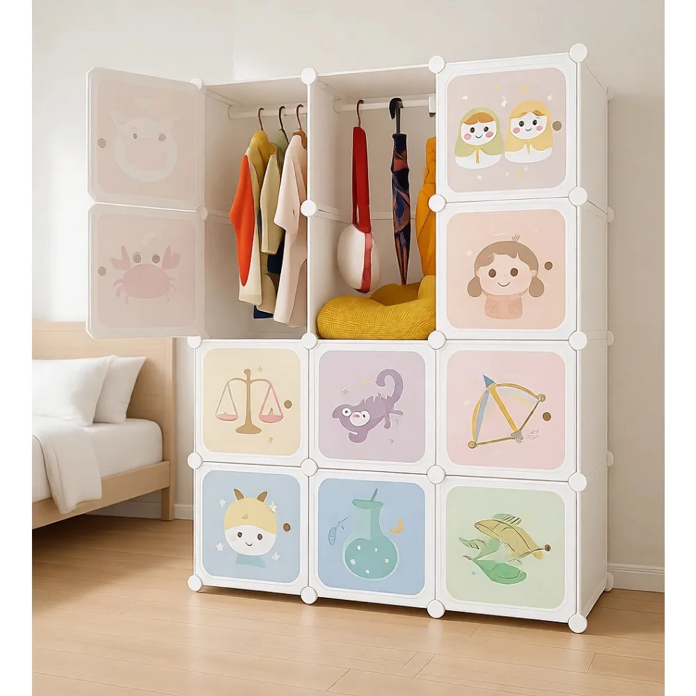 

Kids Portable Closet with Doors 12 Cubes and 2 Hanging Sections for Bedroom Nursery Clothes Storage Organizer