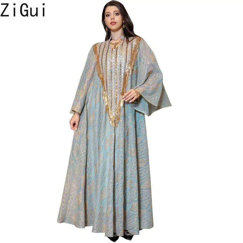 Zigui Jalabya Arabic Dress Women Sequin Tassel Kaftan Long Sleeve Mesh Embroidery Flare Sleeve Muslim Abaya Dress Dubai