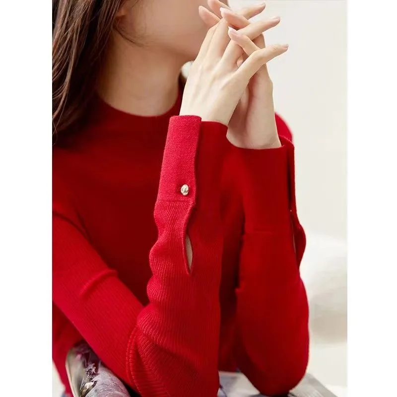 New Autumn/Winter Fashion Korean Edition Half High Collar Versatile Western Style Slim Fit Women\'s Long Sleeve Knitted Sweater