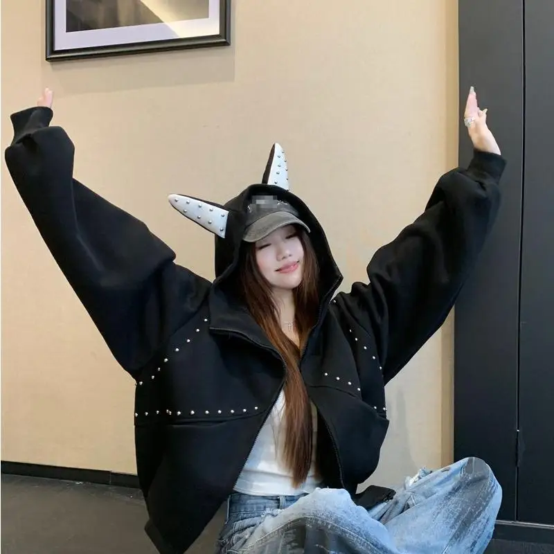 American Y2K Fashion Women's Off Shoulder Jacket Autumn New Style Girls' Hoodie Comfortable and Versatile Youth Tops Trendy