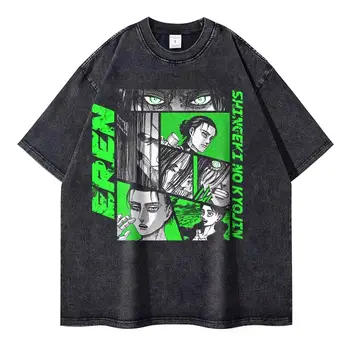 艾倫耶格爾 2D T卹 復古水洗動畫T卹 巨人進擊 T卹 漫畫 進擊的巨人 利威爾 三笠 短袖上衣 6 最佳銷售 動漫高爾夫球衫 - №6