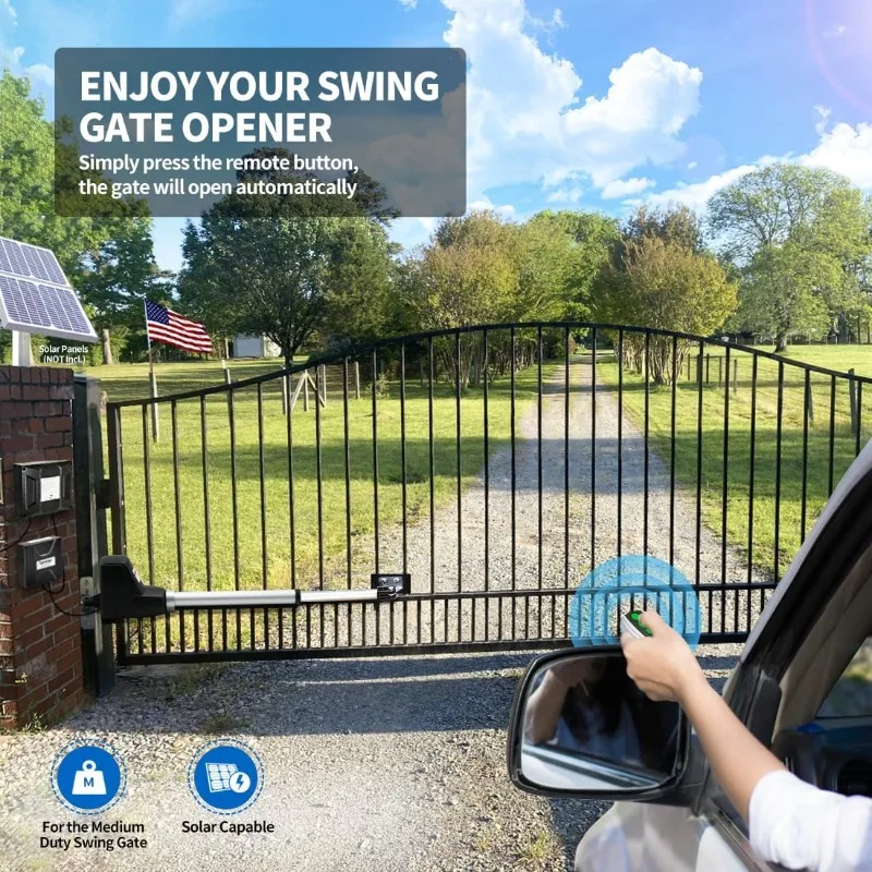 Single Swing Gate Opener Medium Duty Automatic Gate Motor for Single Swing Gateswith Remote Control Kit Solar Compatible，home.