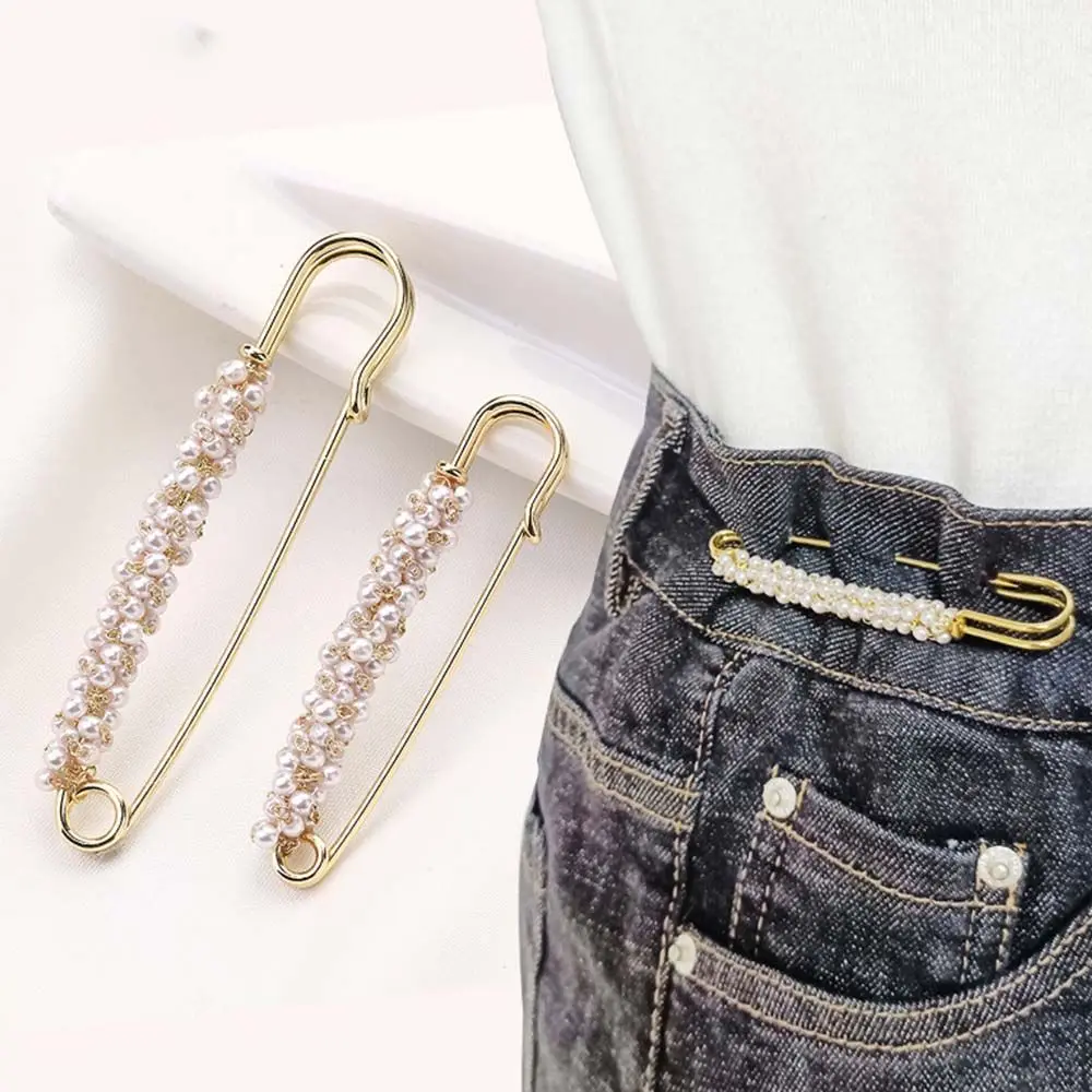 Nail-free Waist Buckle Close Waist of Trousers Pearl Big Pins Fixed Clothes Tighten Waist Metal Anti-exposure Brooch Shawl Clips