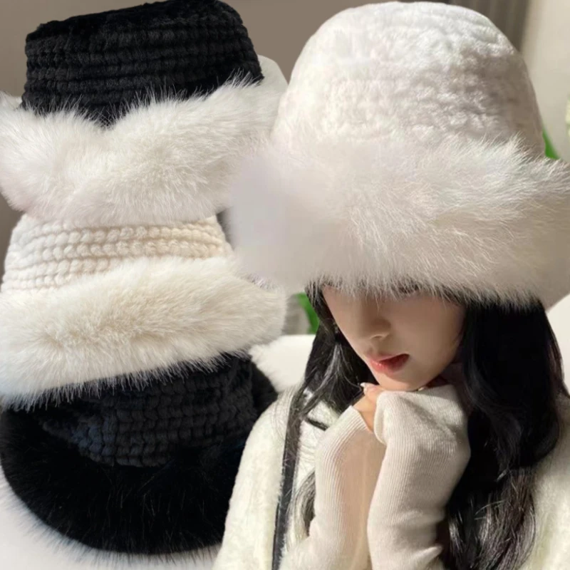 Fluffy Fur Autumn Winter Women's Fashion Cap Fur Hats Mongolian Hat Brimless Plush Skiing Riding Warm Ear Protection Snow Caps
