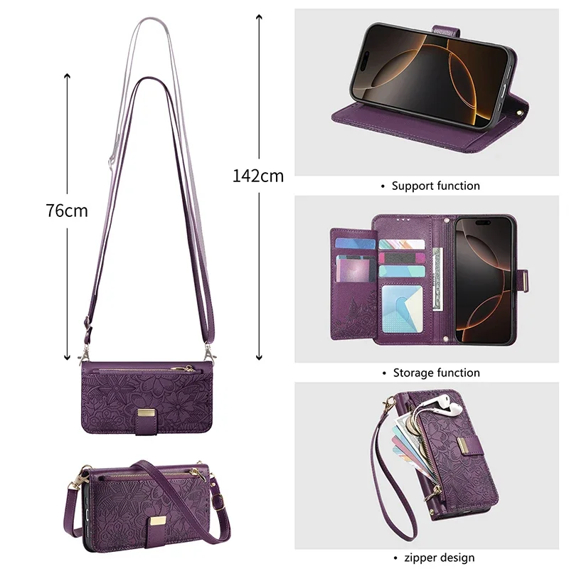 Voor Samsung Galaxy S26 S25 Ultra S24 S23 FE S22 Ultra Plus A05 A25 A57 A55 A56 A37 Leather Case Crossbody kaart Portemonnee Flip Cover