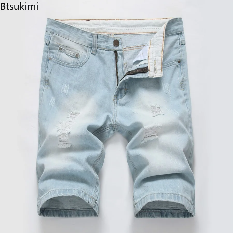 2024 Men's Denim Shorts Summer New Style Elastic Slim Fit Short Jeans Fashion Holes Casual Cotton Cowboy Short Trousers for Male
