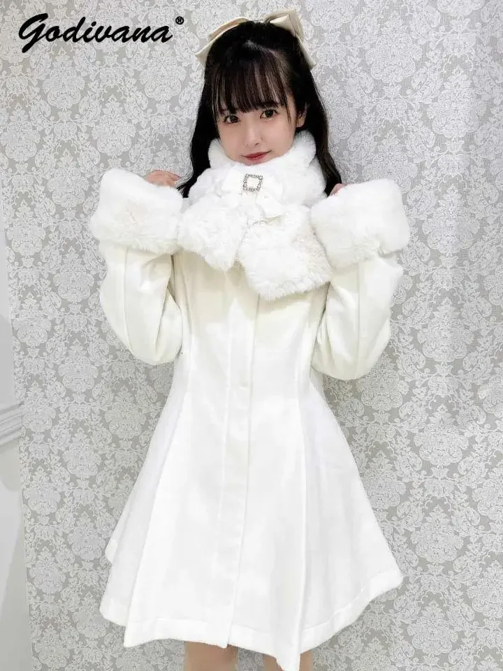 Rojita Woolen Coat Jacket New Autumn and Winter Japanese Girl Female Cute Sweet Plush Straps Pearl Slim Long Overcoat