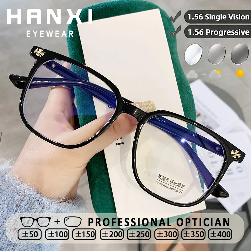 HANXI TR90 Square Frame Eyewear Custom Prescription Glasses Women Progressive Photochromic Anti Blue Light Lenses Reading Glasse