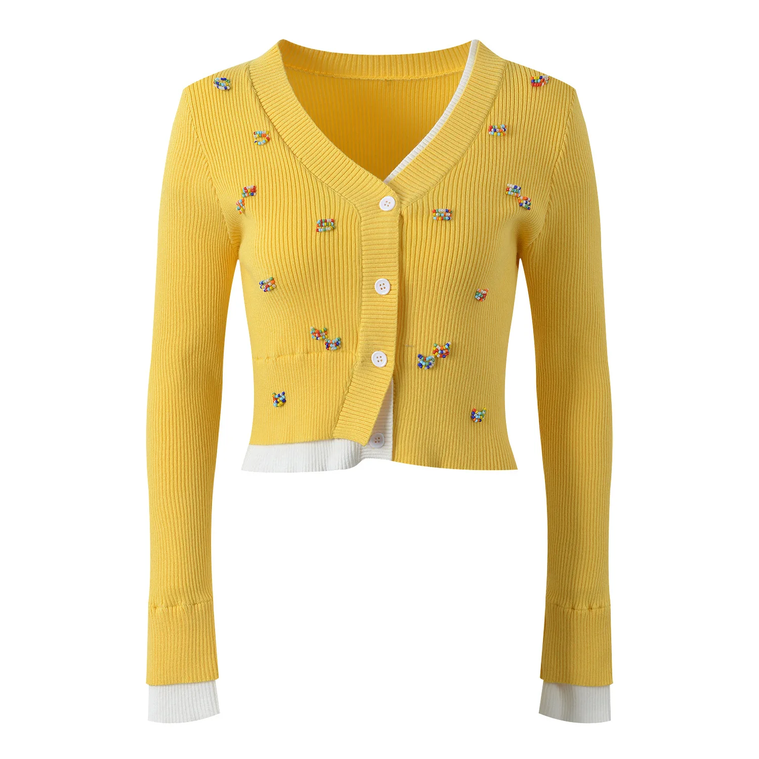 ZJYT Otoño Invierno Rebordear cárdigan suéteres para Mujer cuello en V tejido Tops manga larga prendas de punto Jersey Mujer amarillo 2024 nuevo