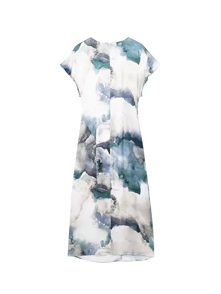 Nlzgmsj TRAF Spring Tie-Dye Printed Dress Woman Vintage Long Dresses for Women  Short Sleeve Midi Dress Women Party Dresses