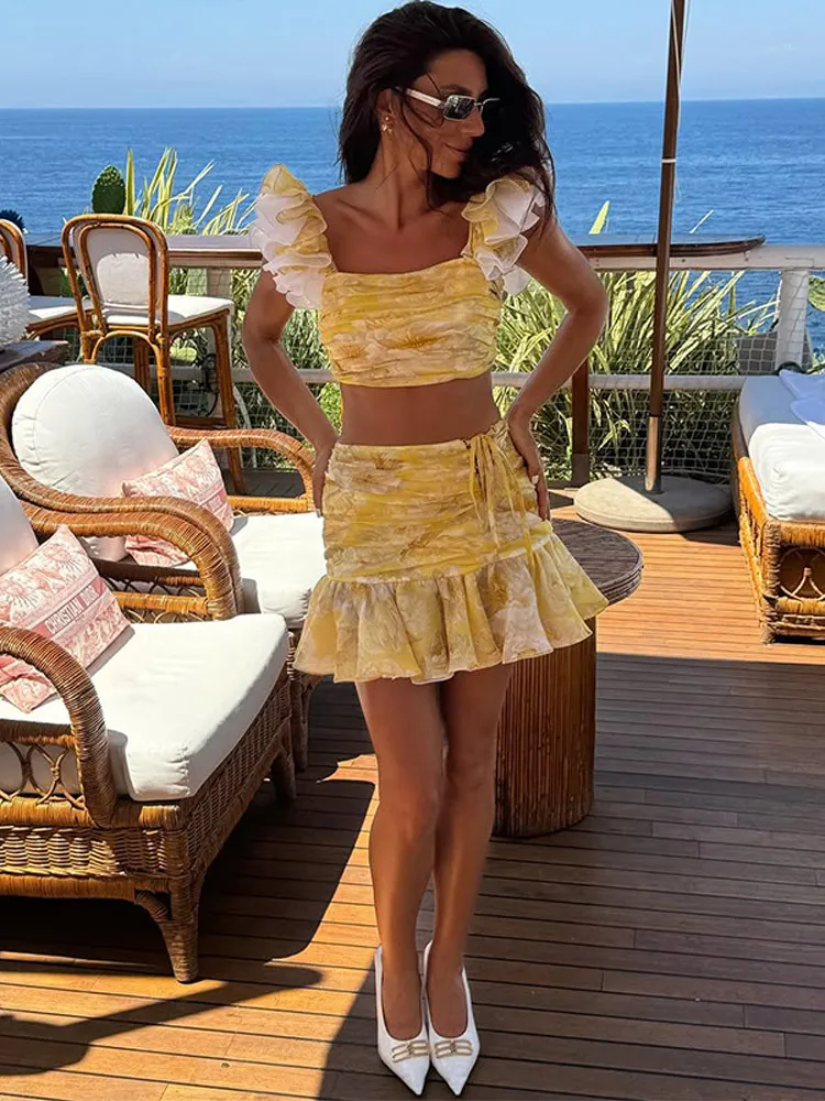 2025 New Pleated Short Top Splicing Tube Top A-line Skirt Mini-skirt Women's Suit Elegant Sexy Printed Women's Summer Suit