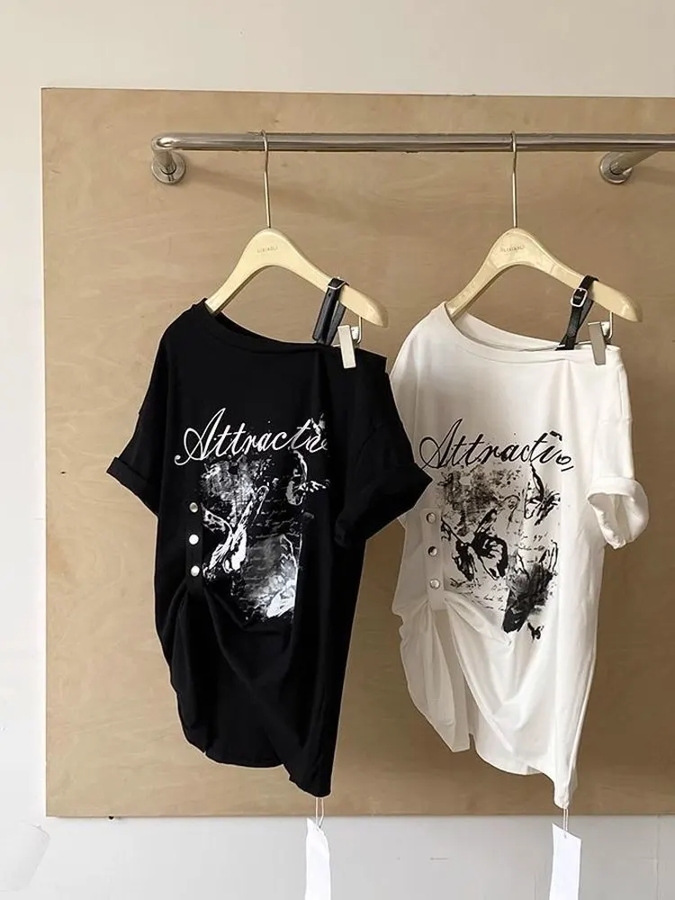 Trendiges Amerikanisches Oversize-Oberteil mit Print, Plus Size, Schulterfreies Sommer-Top für Damen, Mittellang, Locker, Vielseitig, Modisch