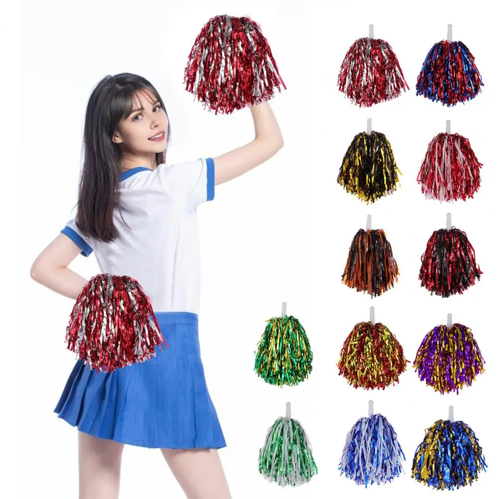 2Pcs 25cm Cheerleader Pom Poms Metallic Foil Cheerleader Pom Poms Hand Flowers With Handle For Sports Competitions Celebrations