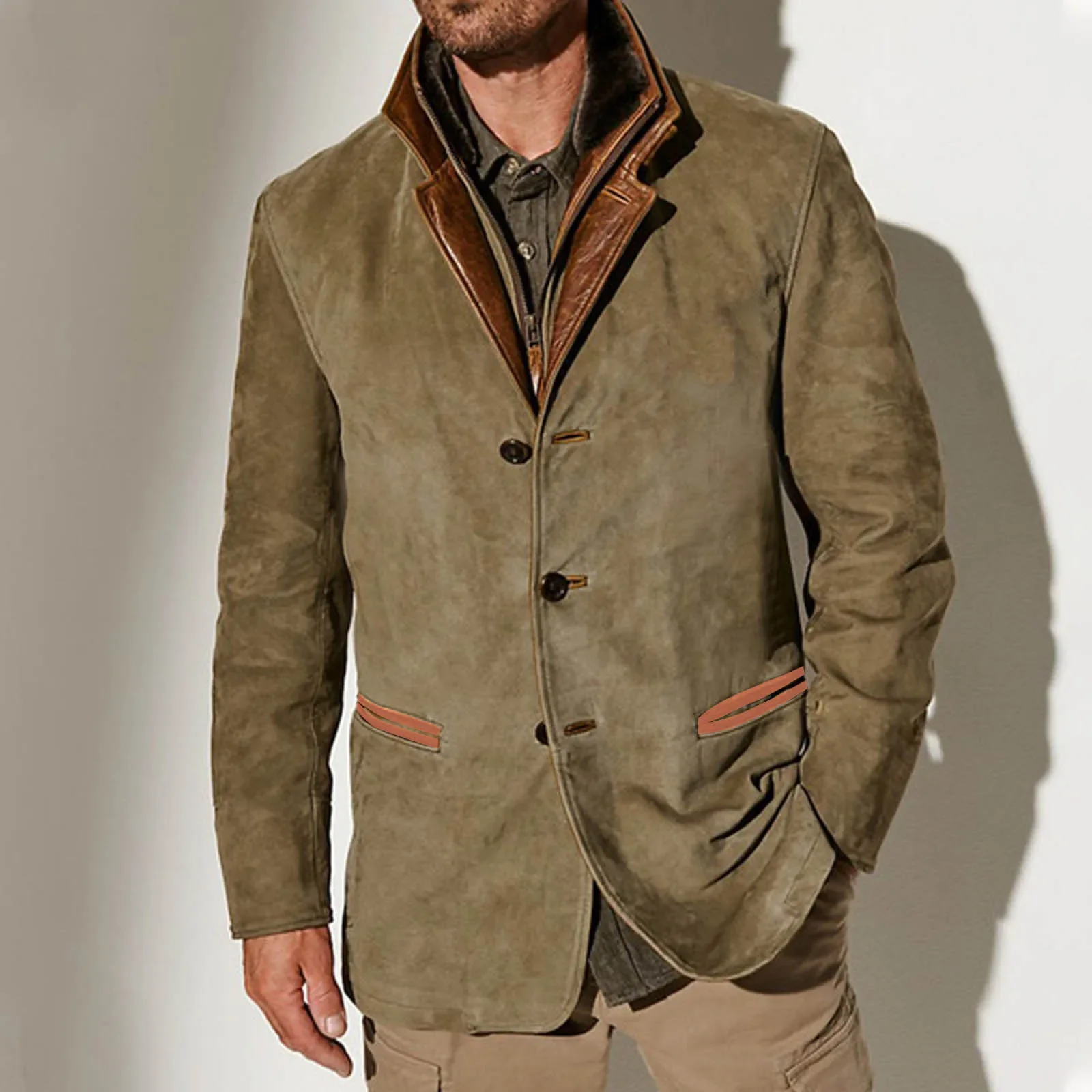 Men's Autumn And Winter Fashion Casual Button Zipper Pocket Long Sleeve Fleece Coat Windbreaker Men's jacket