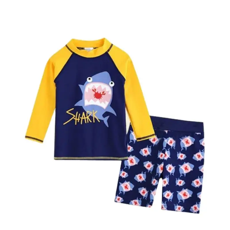 

HappyFlute Summer Hot Sale Two Pieces Set Shark Prints Round Neck Design Seaside Travel Sunscreen Quick Dry Boy Swimsuit