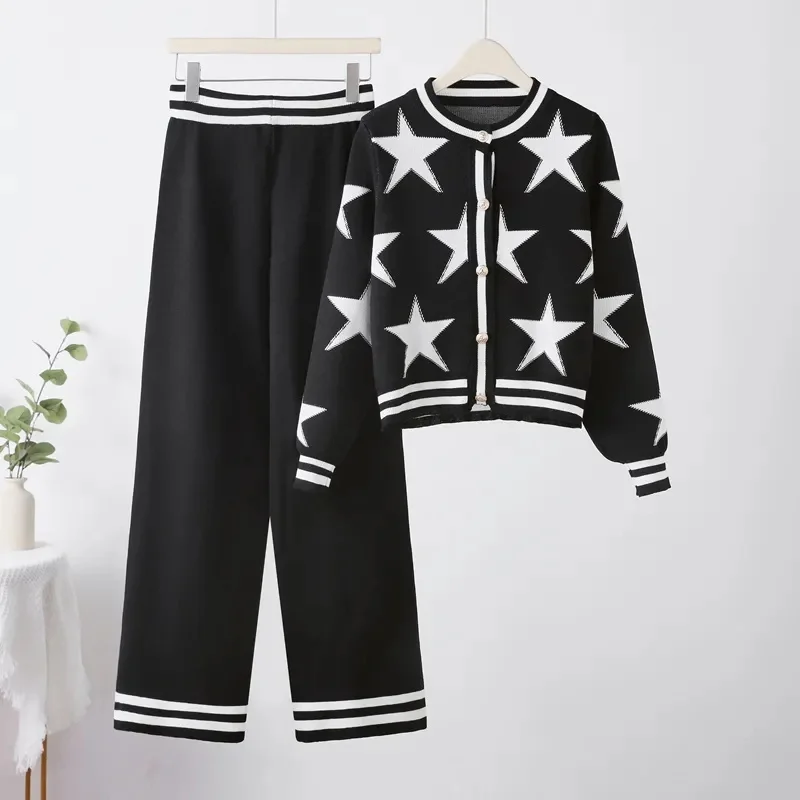 NEW 2025 Spring Autumn Pentagram Jacquard Knitted Sweater Suit Women's Small Fragrant Round Neck Casual Jacket Suit 2-Piece Set