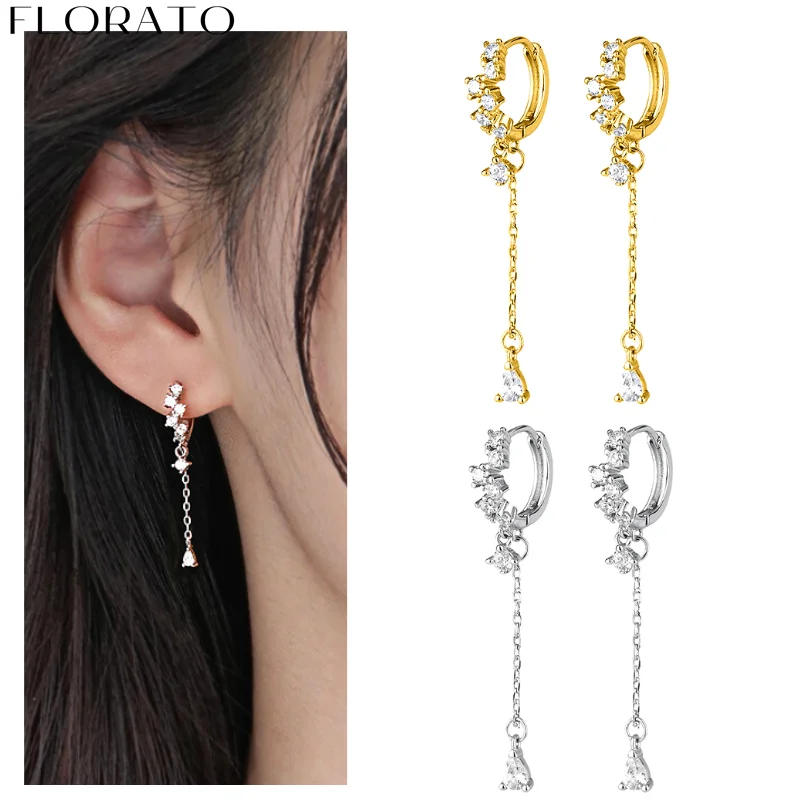 FLORATO 925 Sterling Silver Ear Needle Crystal Zircon Hoop Ear buckle Tassel Pendant Luxury Earrings Fashion Wedding Jewelry