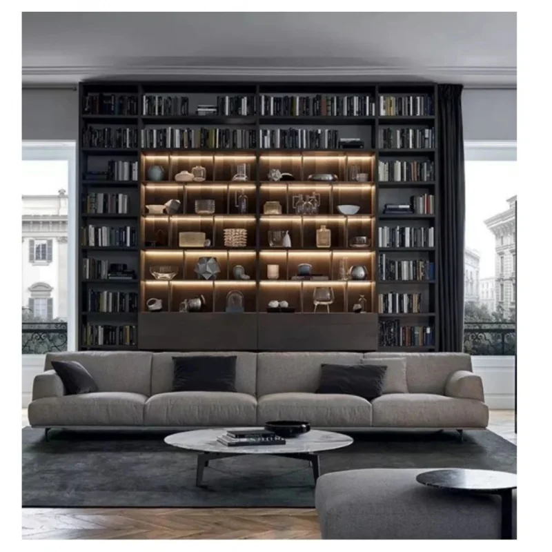 

custom.Italian Wood Regency Minimalism Design Hidden Hardware Bookcase Dark Color Tone 3D Textures Bookshelf Wall