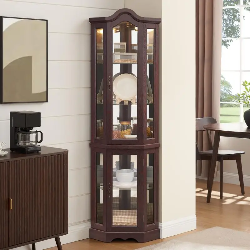 

Elegant Corner Curio Cabinet with Glass Doors & Shelves - Dark Cherry Display Storage for Living Room & Bedroom Decoration