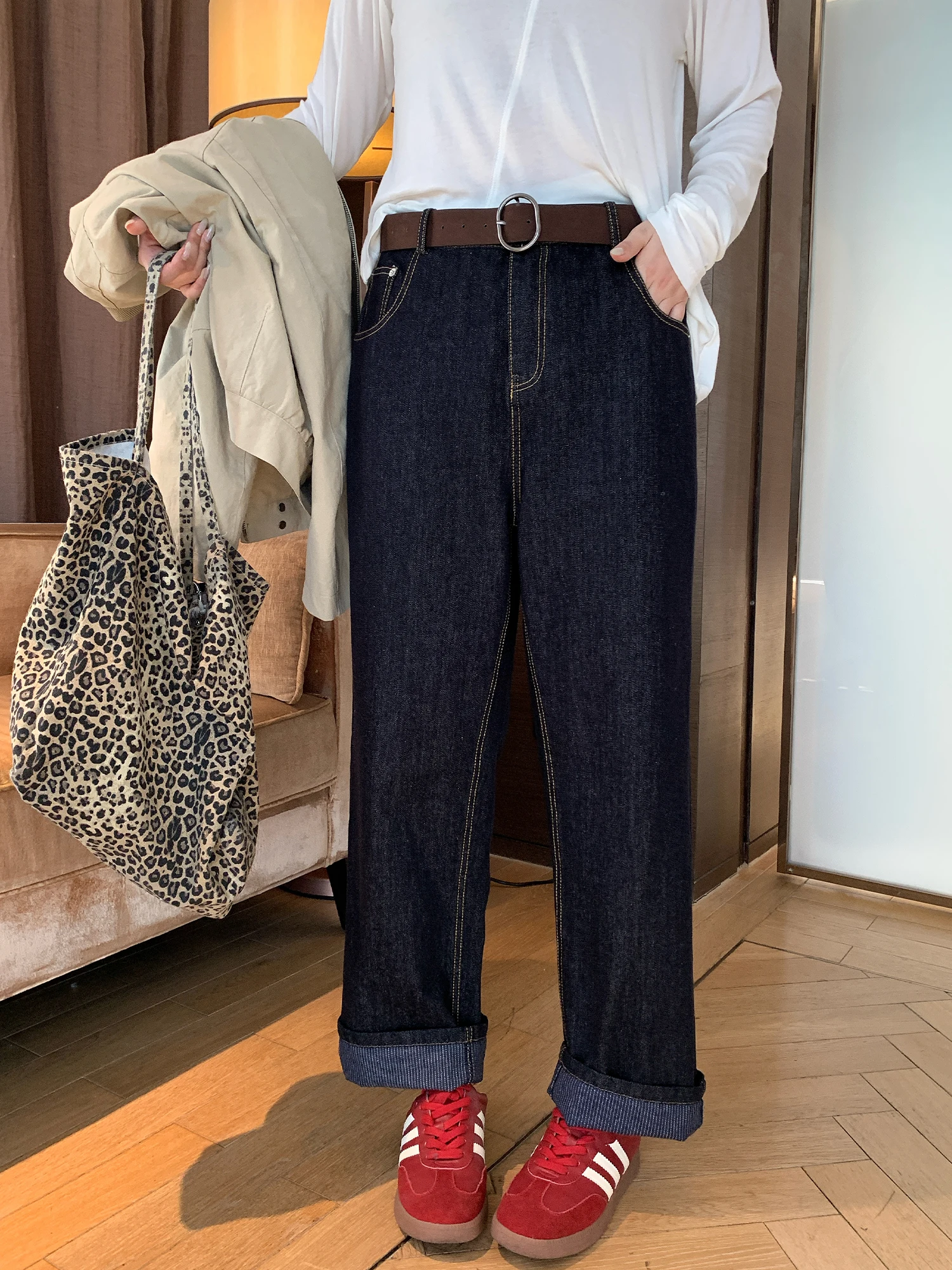 

NAZ High Waist Straight Leg Vintage Contrast Color Nine-Piece Jeans plus Size Faionable Retro Women's Denim Pants Spring