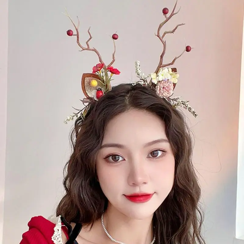 Christmas Antler Headband Fairy Flower Berry Festival Party Props Christmas Headband Decorationby Tree Branch Cosplay Hairband