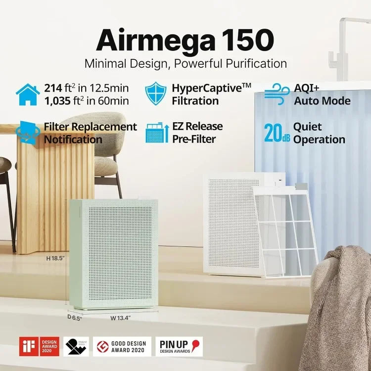 Purificadores de aire para el hogar y dormitorio, filtro lavable, filtro HEPA verdadero para humo, polen, caspa, olor de aire, hasta 1.035 pies cuadrados