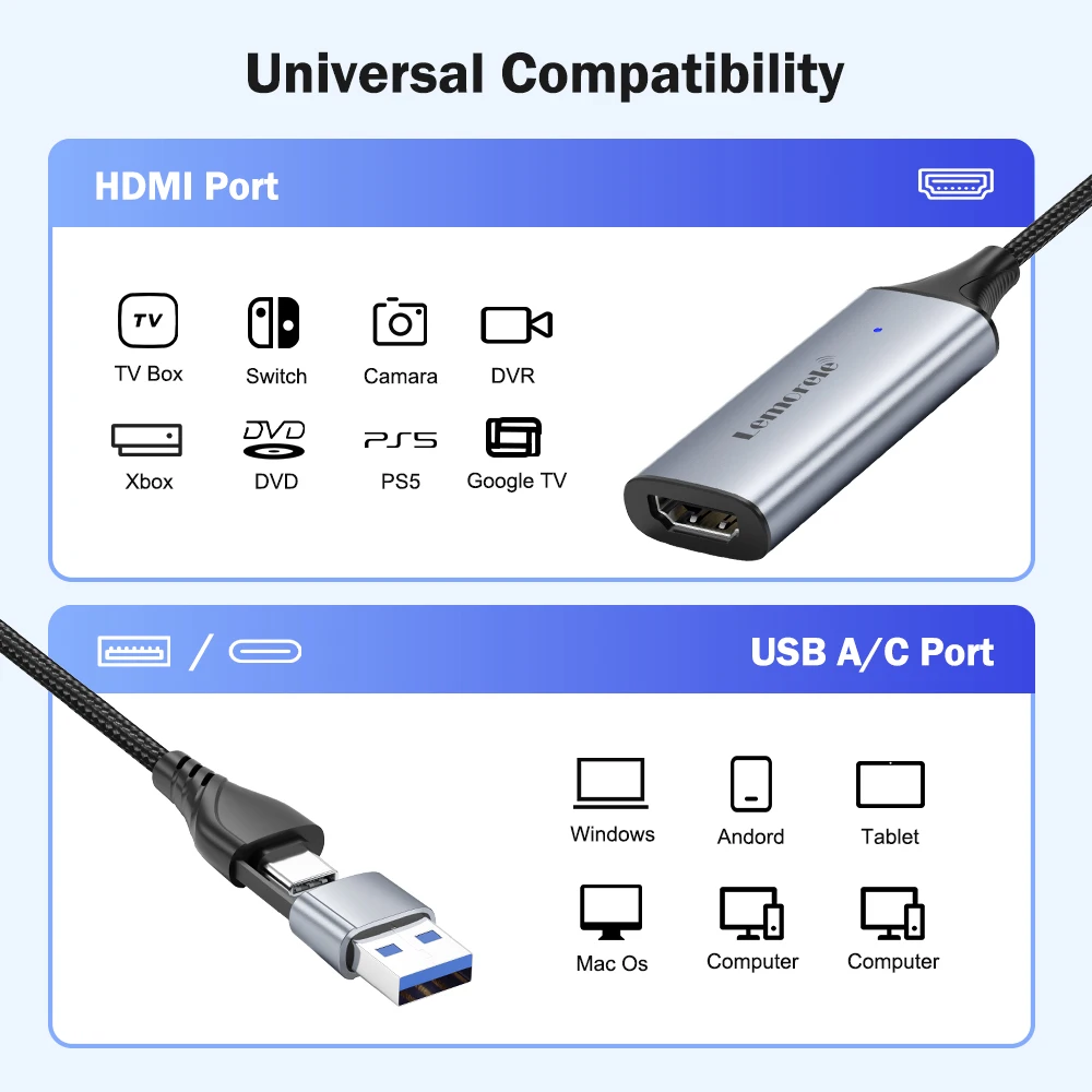 Lemorele-tarjeta de captura de vídeo USB HDMI, compatible con USB/tipo c, Grabber de juegos, registro ms2130 para Switch Xbox PS4/5 Live Broadcas