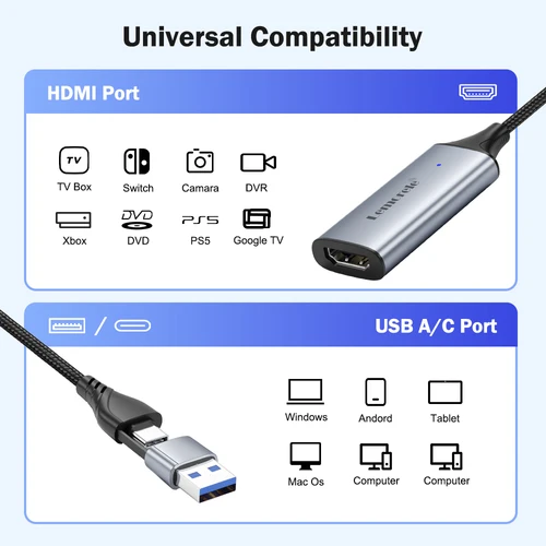 Imagen 2 del producto Tarjeta de captura de vídeo Lemorele USB 2,0 compatible con HDMI a USB/tipo-c Grabber de juegos registro ms2130 para Switch Xbox PS4/5 transmisiones en vivo