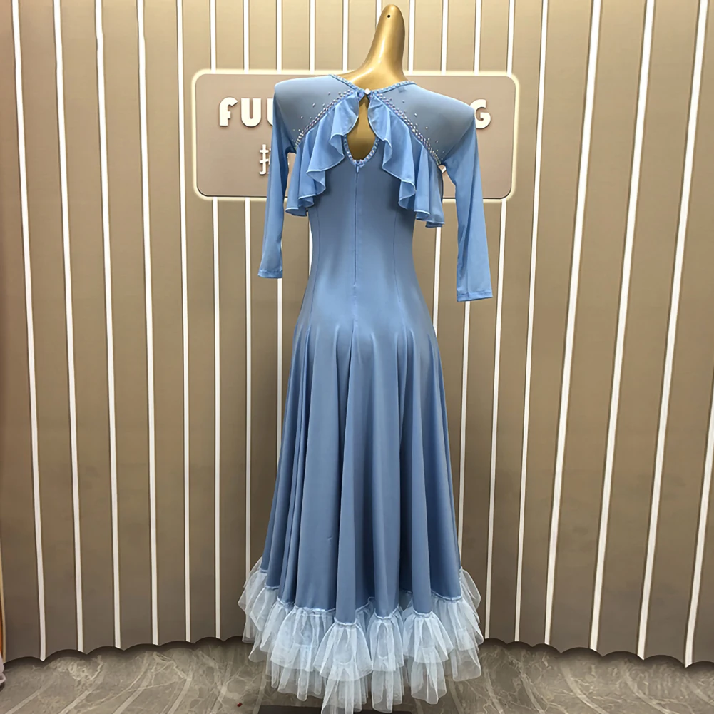 Dance Dress Light Blue Flamenco Skirt Rhinestone Black Waltz Practice Competition Crew Neck Black Stage Costume