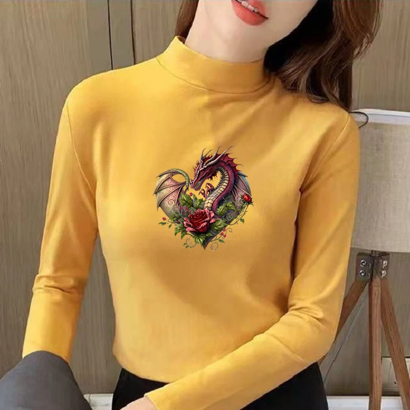 Winter Women's Thermal Brushed Fleece Half Mock Neck Long Sleeve T Shirt Dragon Heart Red Roses Graphic Warm Tee