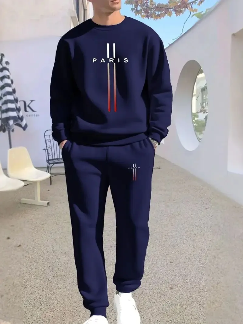 The new men's round-neck hoodie set for Spring and Autumn 2025 features a casual and comfortable 3D letter pattern print