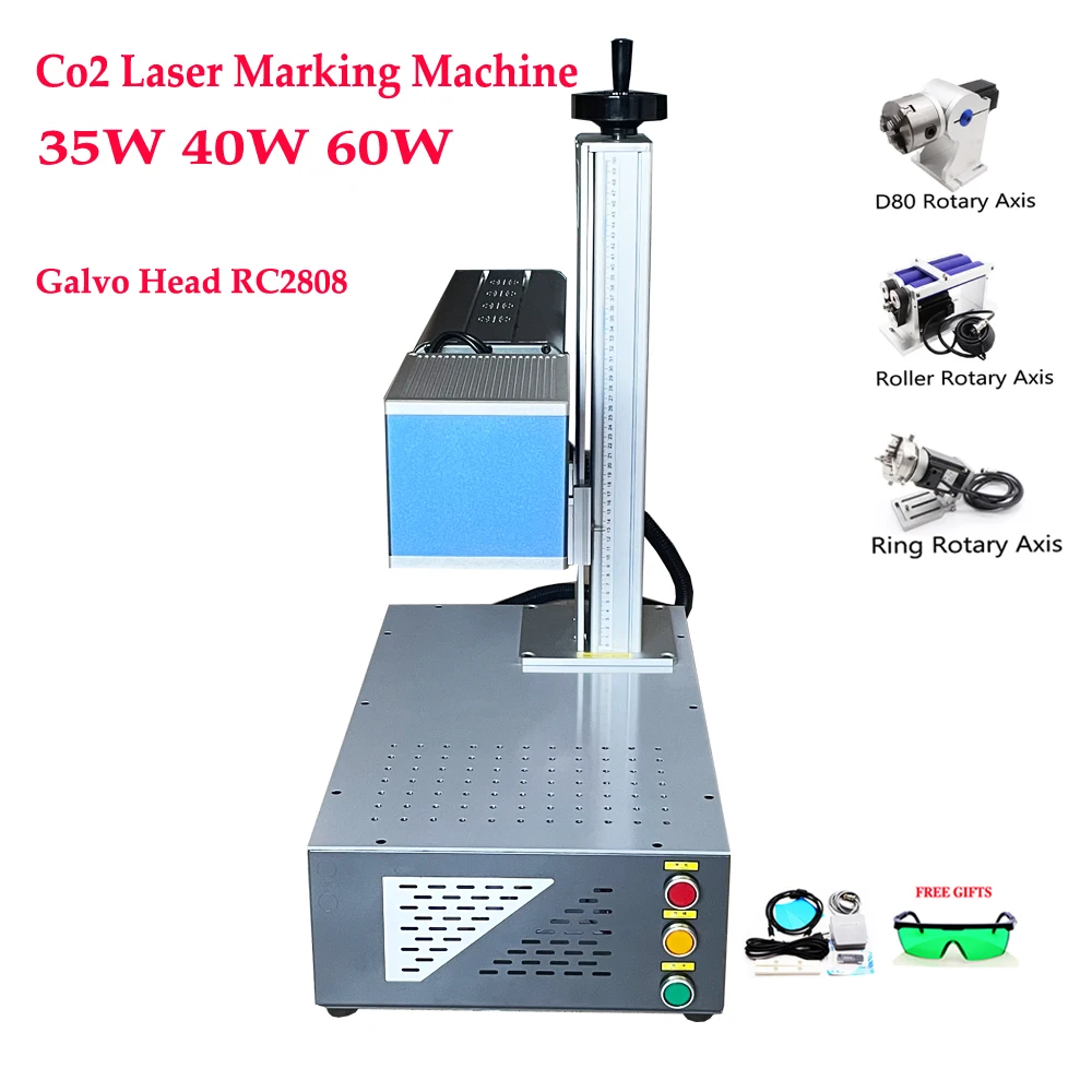 35W 40W 60W CO2 Laser Wood Marking Machine Galvo Head RC2808 for Non-Metal Acrylic Leather Cloth Paper with Rotary Axis