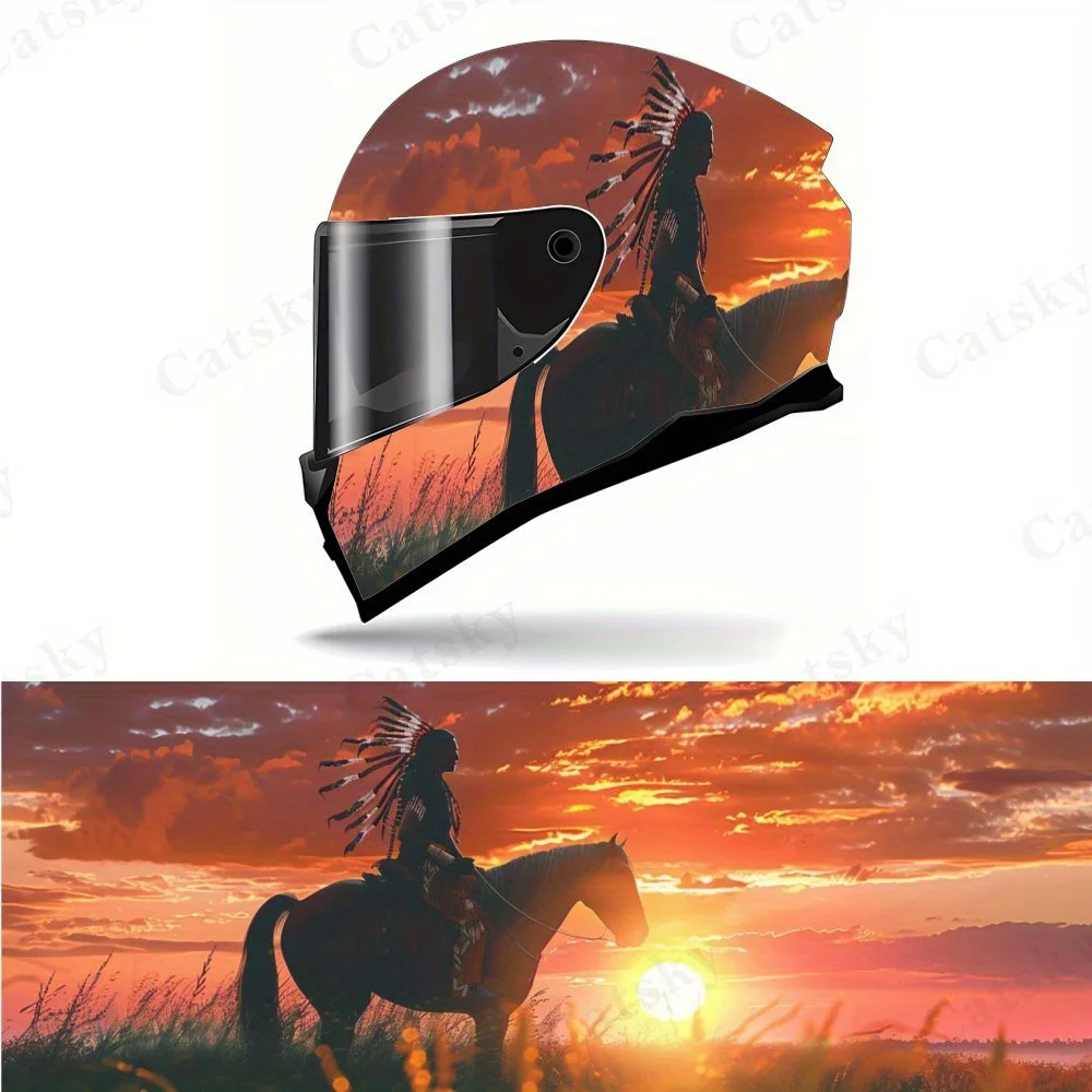 

Native Americans riding horses on the grasslands PVC Motorcycle Helmet Vinyl Wrap, Self-Adhesive Waterproof Sticker, Anti-Scratc