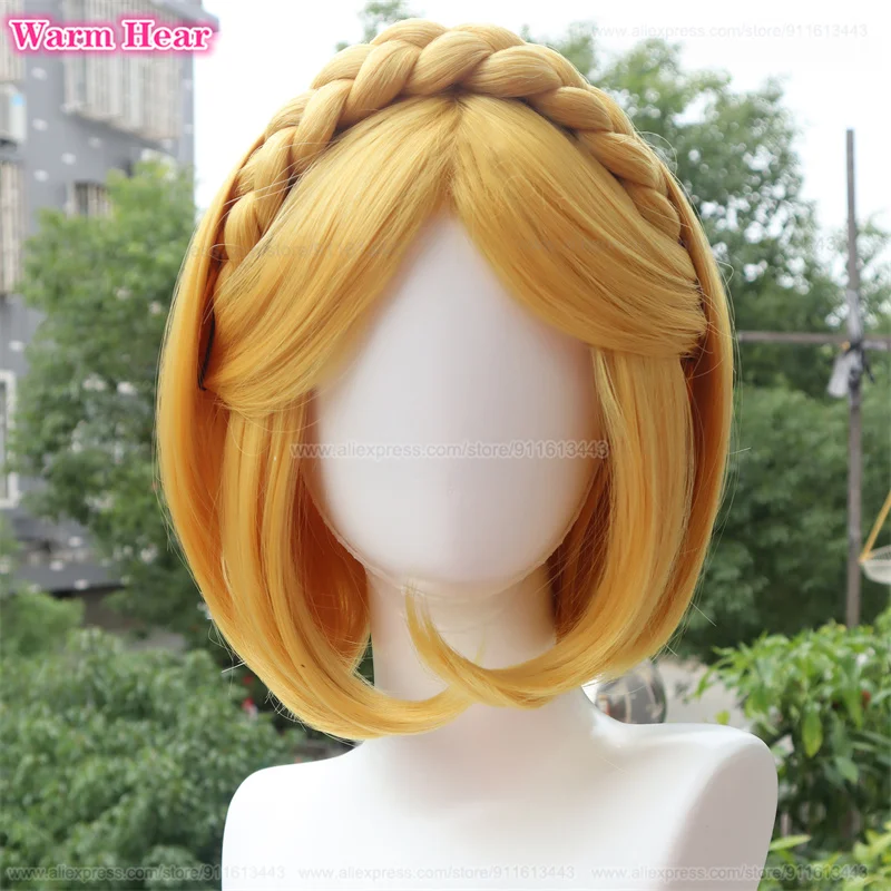 35cm Short Princess Synthetic Game Princess Zelda Cosplay Wig Props Golden Yellow Braid Wig Hairpins Heat Resistant Fibre Wigs