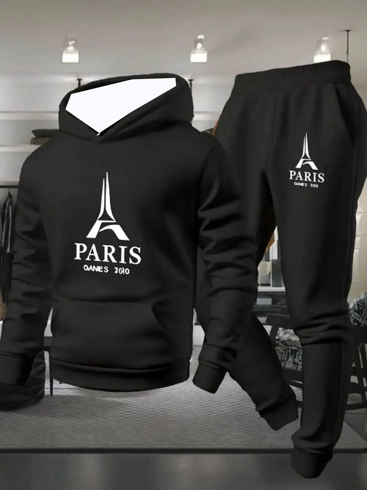 

2025-26 Autumn/Winter New Y2K Men's Set Black Hoodie 3DUSA Printed Oversized Sports Set Fashion Casual Two Piece Set