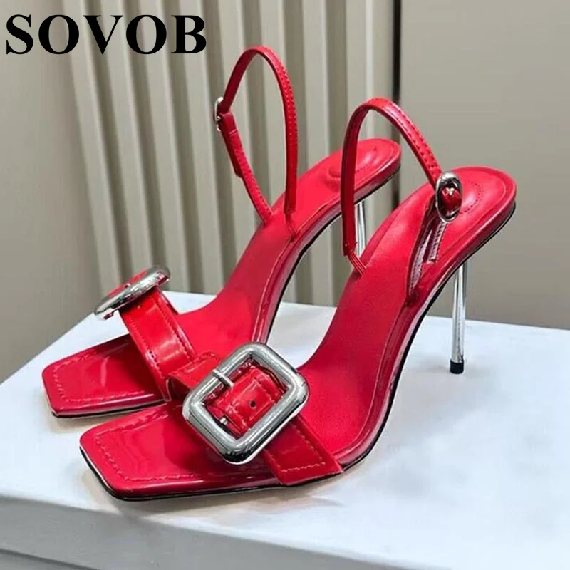 

Summer Metal Buckle Decoration Slim Heel Sandals Women's Genuine Leather Ankle Strap Elegant Sandalias Sexy Party Banquet Shoes