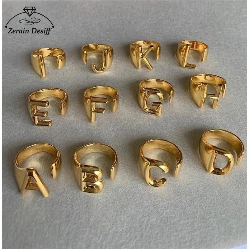 A-Z Letter Gold Color Metal Adjustable Opening Ring Initials Name Alphabet Female Creative Finger Rings Trendy Party Jewelry