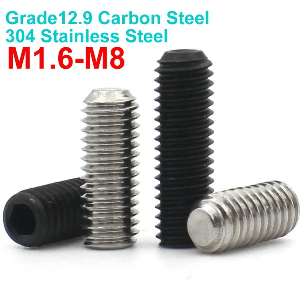 10/20/50pcs M1.6 M2 M2.5 M3 M4 M5 M6 M8 DIN916 304 Stainless Steel Grade12.9 Carbon Steel Hexagon Hex Socket Grub Set Screw Bolt