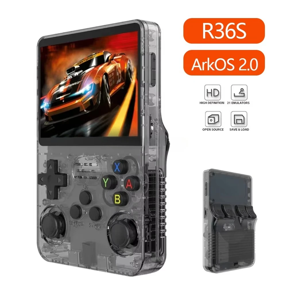 

Arkos 2.0 R36S 3.5 Inch Retro Handheld Game Console with Open Source Linux 64GB PSP N64 Pocket Video Handheld Games Player