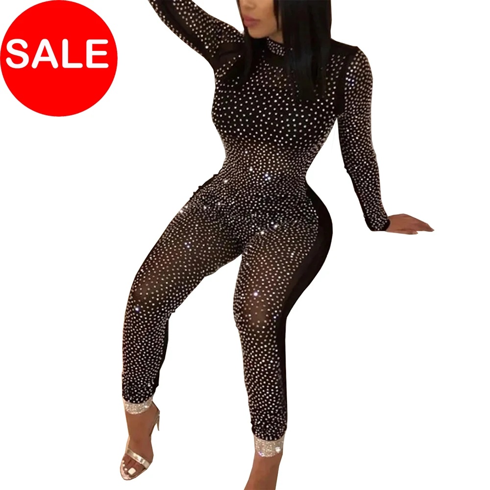 SALE Sexy Mesh Female Jumpsuit Shiny Women Party Eroctic Overalls Bodysuit See Through Oneies Lace Bodies Club Outfit Romper