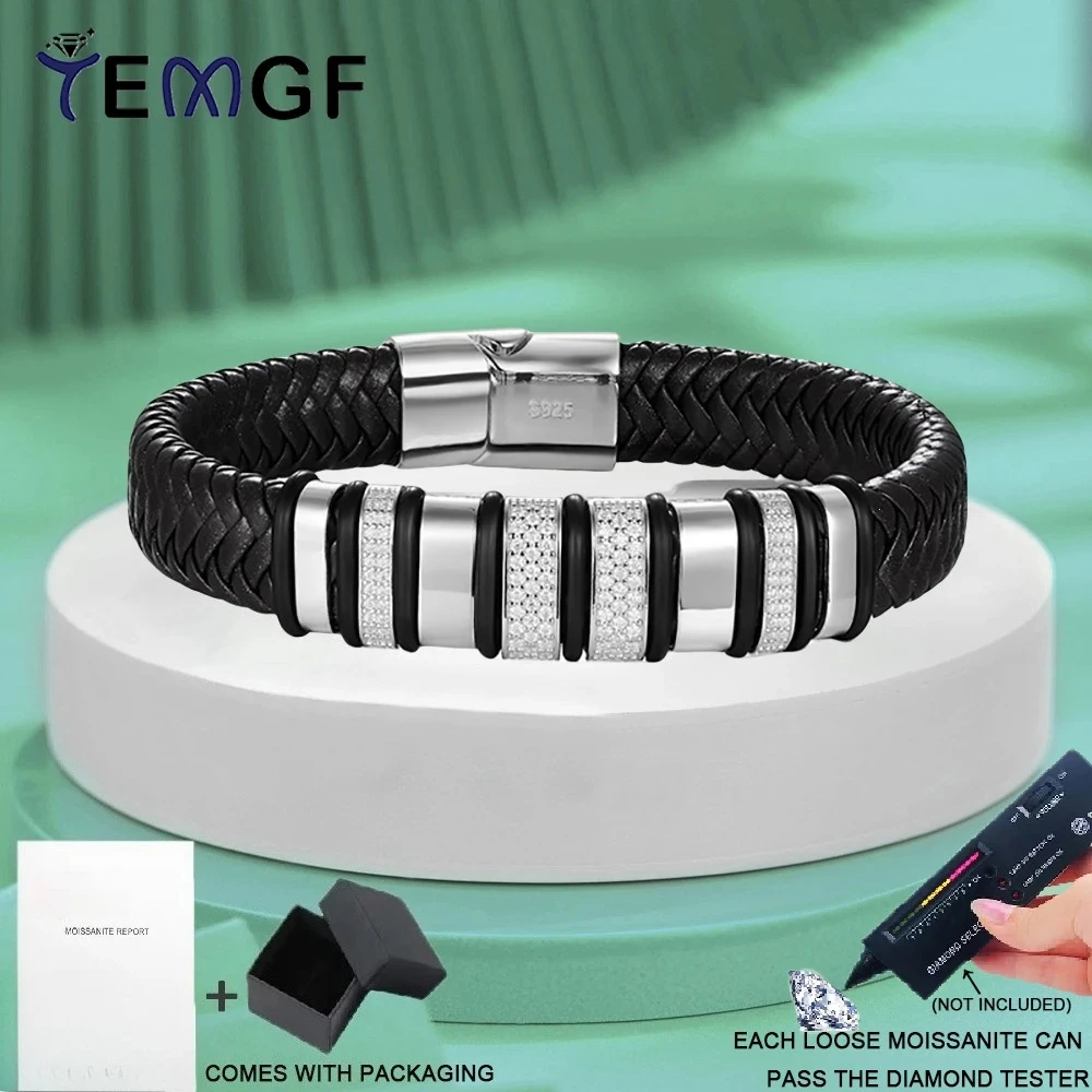 

TEMGF Leather Moissanite Bracelet for Men Vintage Striped Weaving Bracelets 925 Sterling Silver Plated 18K Gold Unisex Jewelry