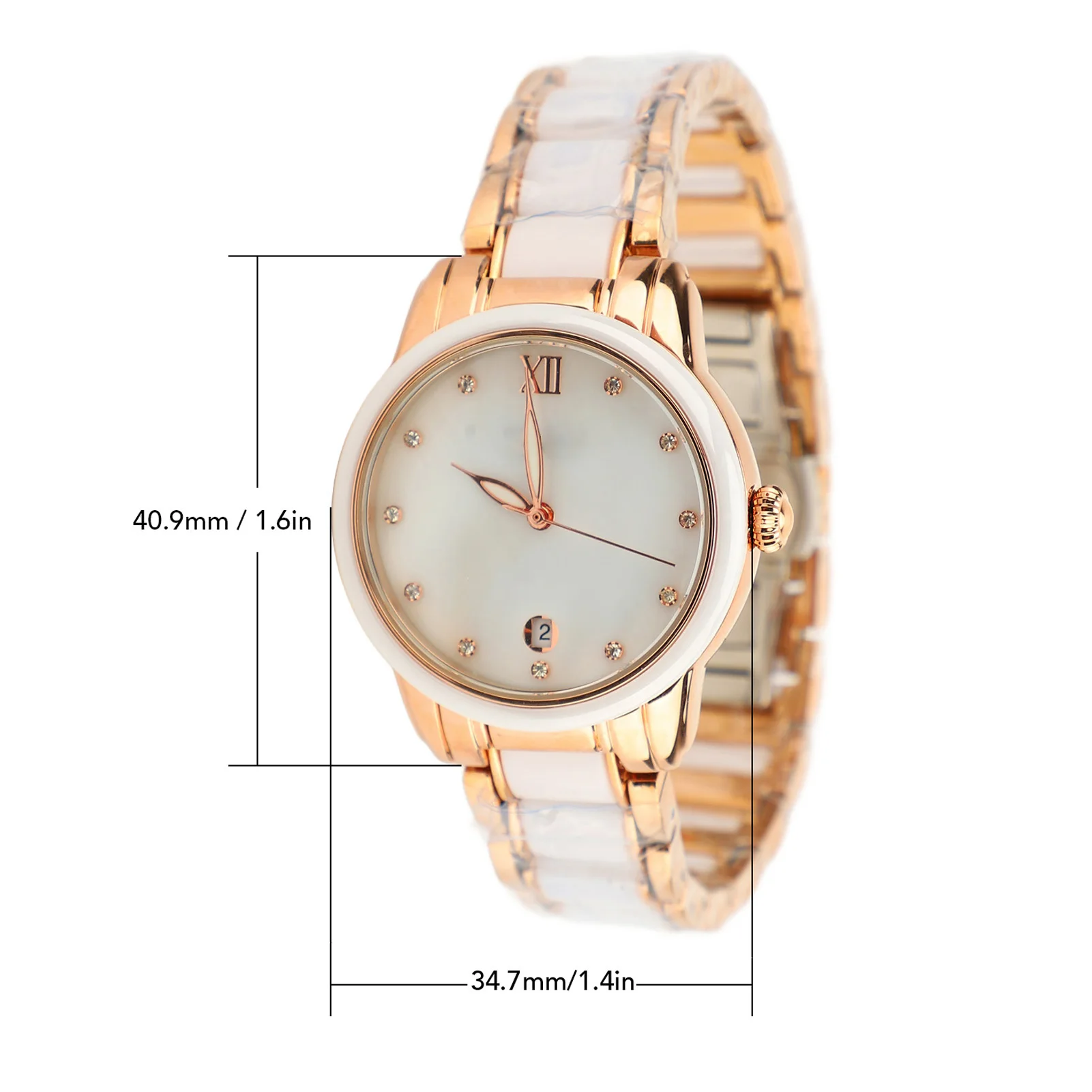 Women Quartz Watch Rhinestone Decoration Ceramic Stainless Steel Band Water Resistant Wrist Watch with Date Rose Gold